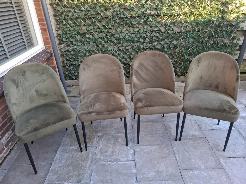 4 Groene velvetstof eetkamerstoelen, Huis en Inrichting, Stoelen, Ophalen, Overige kleuren, Zo goed als nieuw, Vier