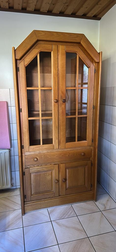 Eiken vitrinekast met verlichting – servieskast, Ophalen, Zo goed als nieuw, 25 tot 50 cm, 150 tot 200 cm