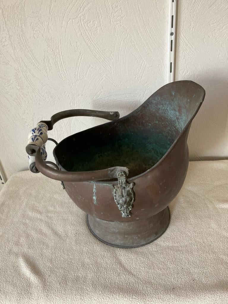 antiek koperen plantenbak met hengsel Delfts blauw handvat, Ophalen of Verzenden, Koper