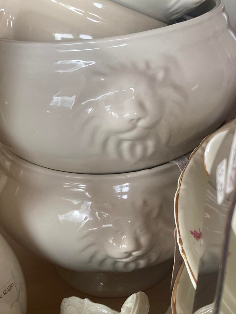 2x terrine leeuwenkop voor circa 2 liter, gaaf cremekleur, Ophalen of Verzenden, Zo goed als nieuw, Glas, Overige stijlen