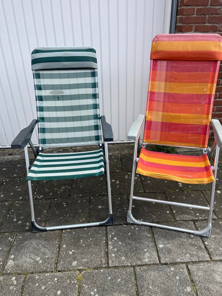 Twee verstelbare campingstoelen, Tuin en Terras, Tuinstoelen, Ophalen, Gebruikt, Metaal, Inklapbaar