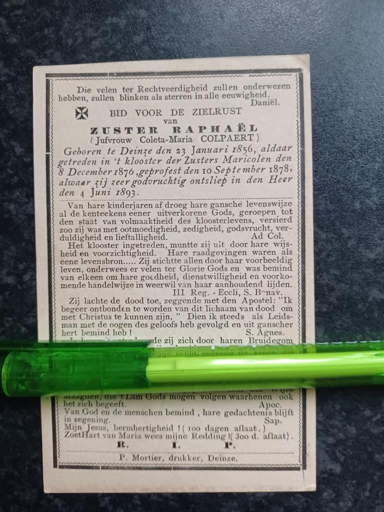 Bidprentje Deinze zuster Raphaël 1856 1893, Ophalen, Bidprentje