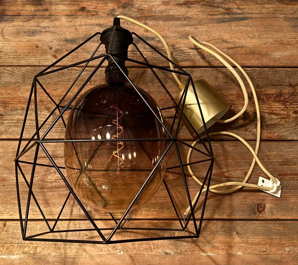 Stoere industriële hanglamp met open frame, Ophalen, Zo goed als nieuw, Metaal, 50 tot 75 cm