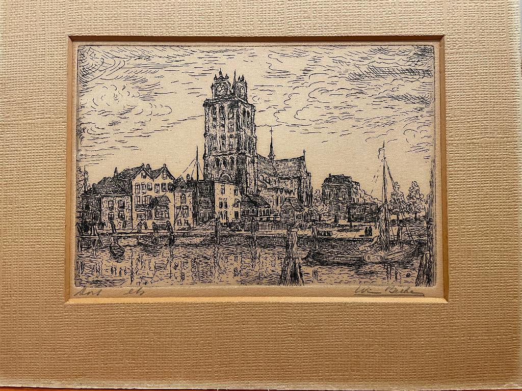 Wim Beeke (1900-1945) Bomkade Dordrecht - ets, Antiek en Kunst, Ingelijst, Ets, Architectuur, Ophalen of Verzenden
