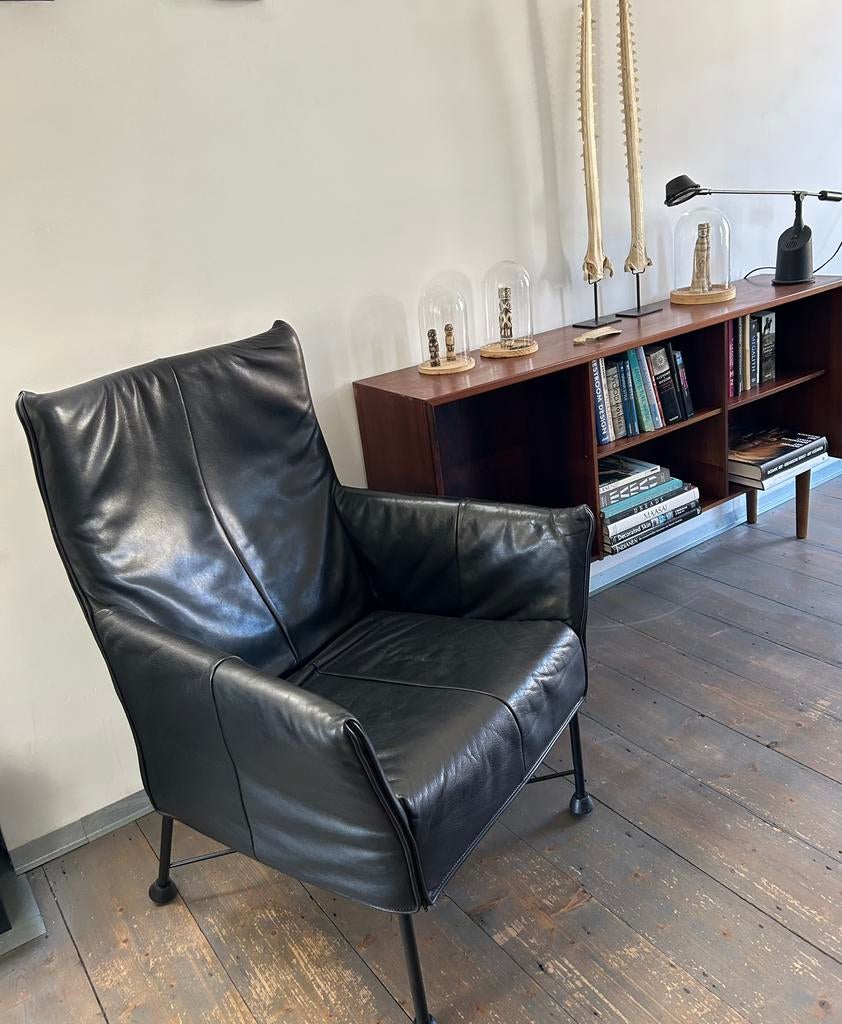 Montis Gerard van de Berg Zwarte leren “Charly “ stoel, Huis en Inrichting, Fauteuils, Ophalen of Verzenden, Gebruikt, Leer, 50 tot 75 cm