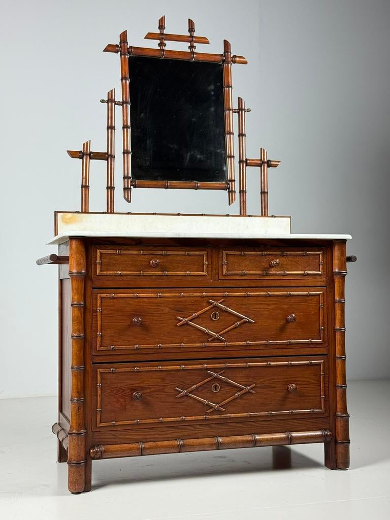 Faux Bamboo commode met spiegel, Ophalen, 50 tot 100 cm, Zo goed als nieuw, 3 of 4 laden