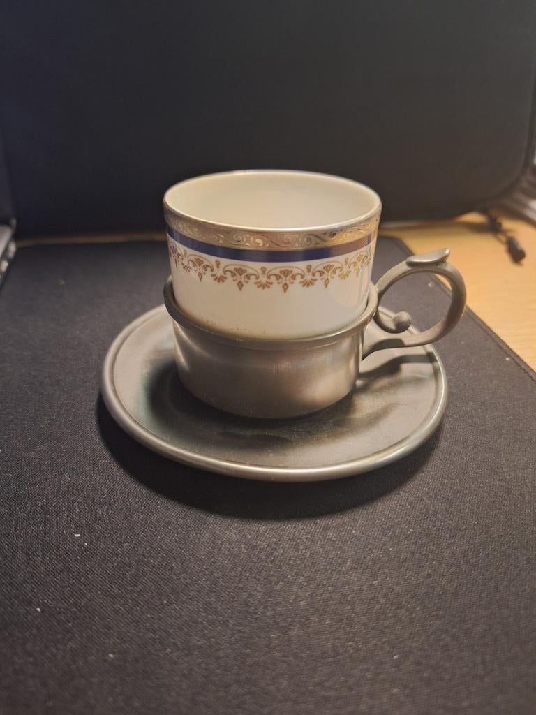 Antieke tinnen theekopjes set met houders, 93% TIN, Antiek en Kunst, Antiek | Tin, Ophalen of Verzenden