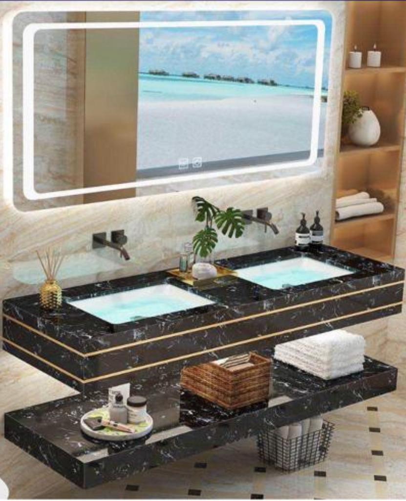 Modern marmer badmeubel 150cm dubbele wastafel en spiegel, Ophalen of Verzenden, Nieuw, Zwart, Overige typen