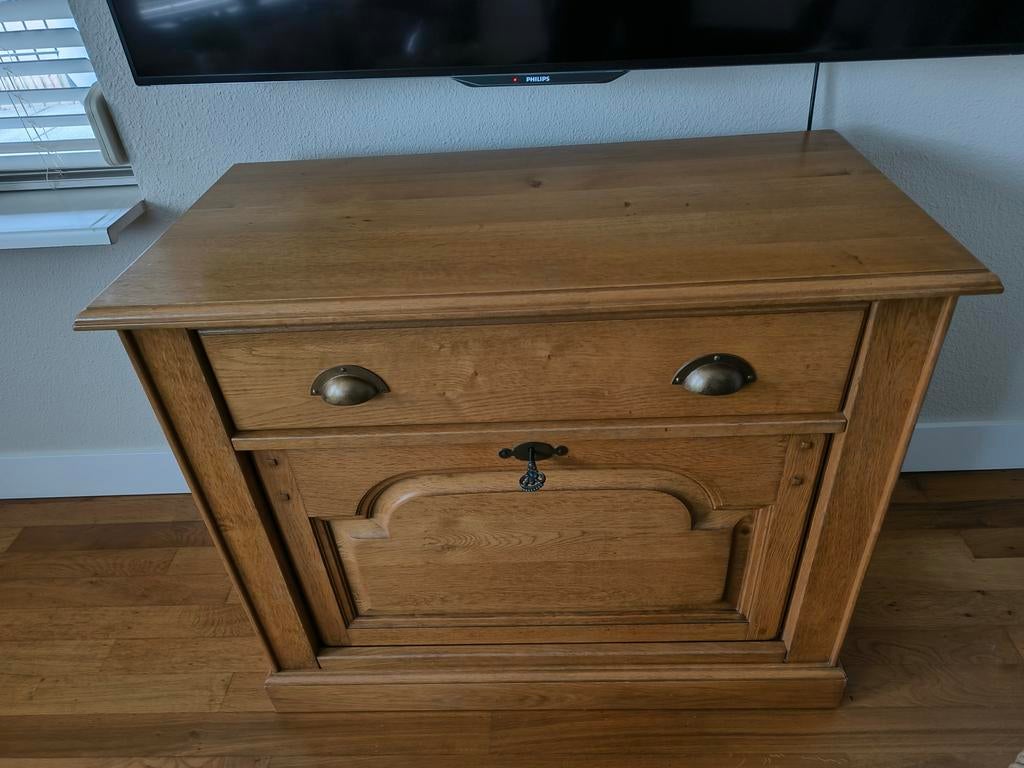 Eiken tv-meubel met lade en uitschuifbaar plateau, Ophalen, Gebruikt, 50 tot 100 cm, Minder dan 100 cm