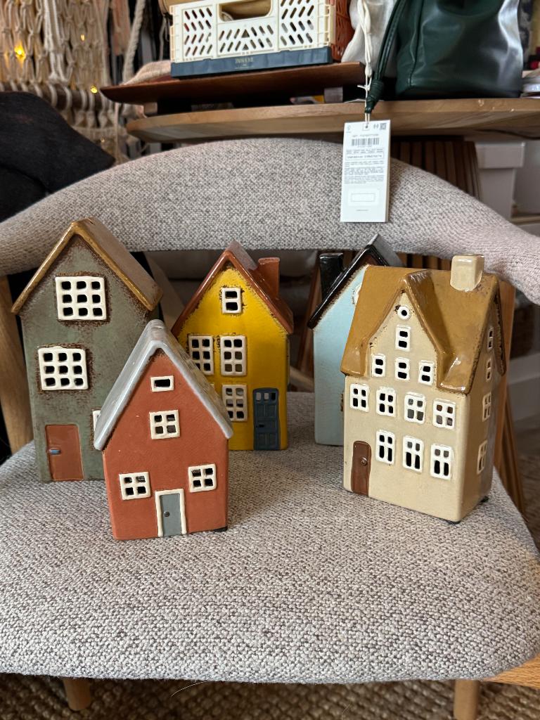 Keramische huisjes kandelaars (set van 5), Overige materialen, Ophalen of Verzenden, Zo goed als nieuw, Kandelaar