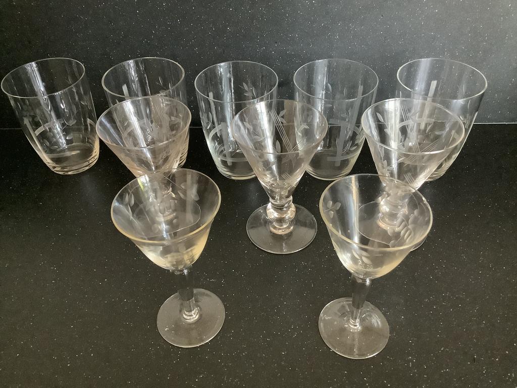 10 Oude vintage retro glazen drinkglazen geëtst/ gegraveerd, Ophalen of Verzenden