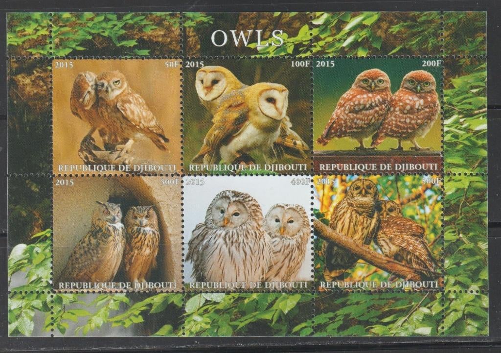 VOGELS = UILEN = Mooi  bl. v 6st DJIBOUTI-GB-019, Verzenden, Postfris, Dier of Natuur