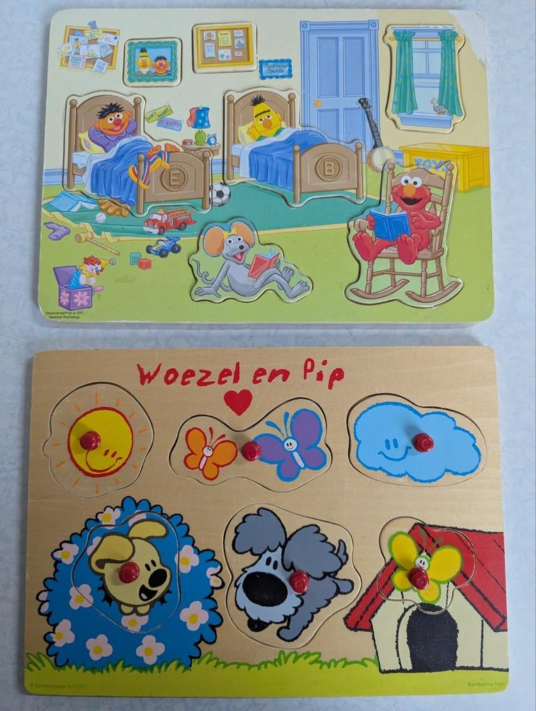 Puzzel Woezel en Pip en Sesamstraat - peuter dreumes, Ophalen of Verzenden, Zo goed als nieuw, Van hout, Minder dan 10 stukjes
