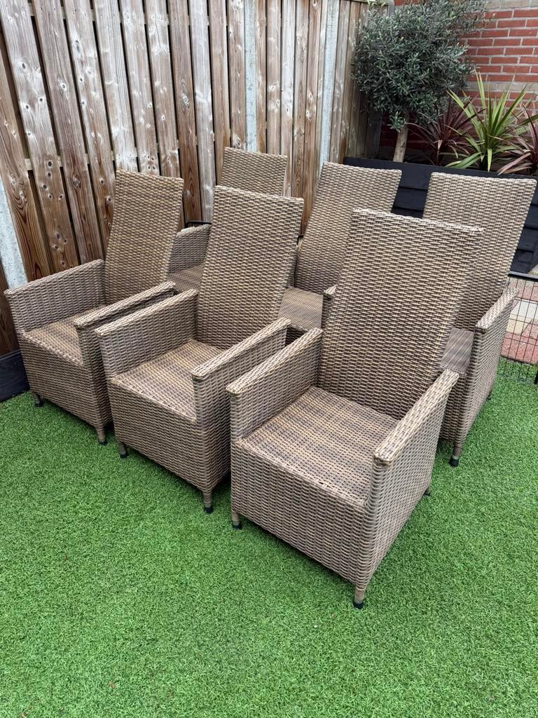 6 tuinstoelen verstelbaar met kussens!, Ophalen, Gebruikt, Wicker, Verstelbaar