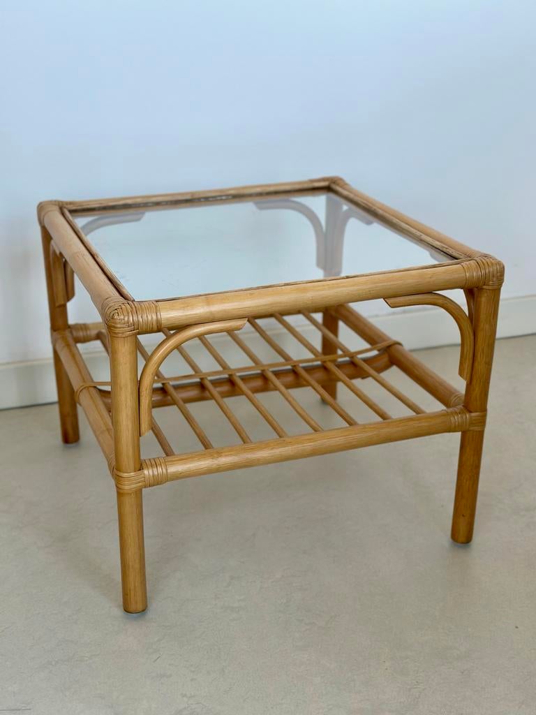 Vintage rotan salontafel met glasplaat, Gebruikt, 50 tot 100 cm, Vierkant, Ophalen of Verzenden