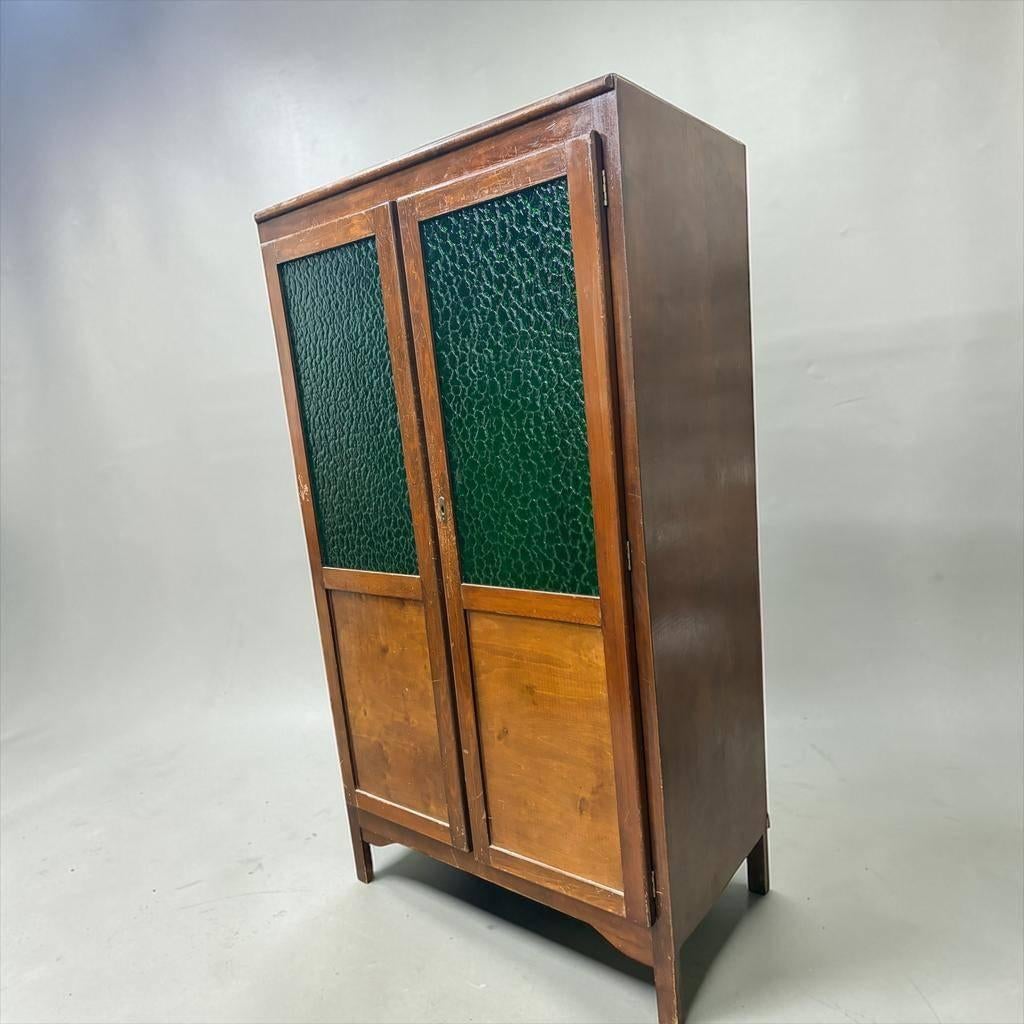 Vintage houten kast / vitrinekast met groen glas, Ophalen