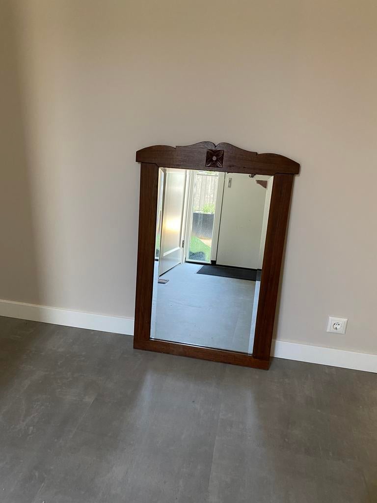 Oude spiegel met facetranden en houten lijst, Ophalen, Rechthoekig, 50 tot 100 cm, 100 tot 150 cm