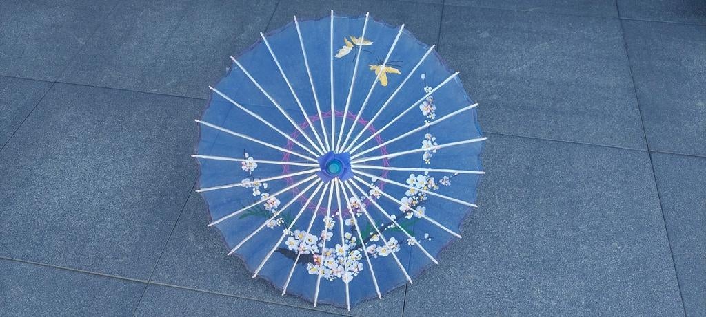 Handgeschilderde Thaise chiffon paraplu  /  handmade, Ophalen of Verzenden, Transparant, Nieuw, Blauw