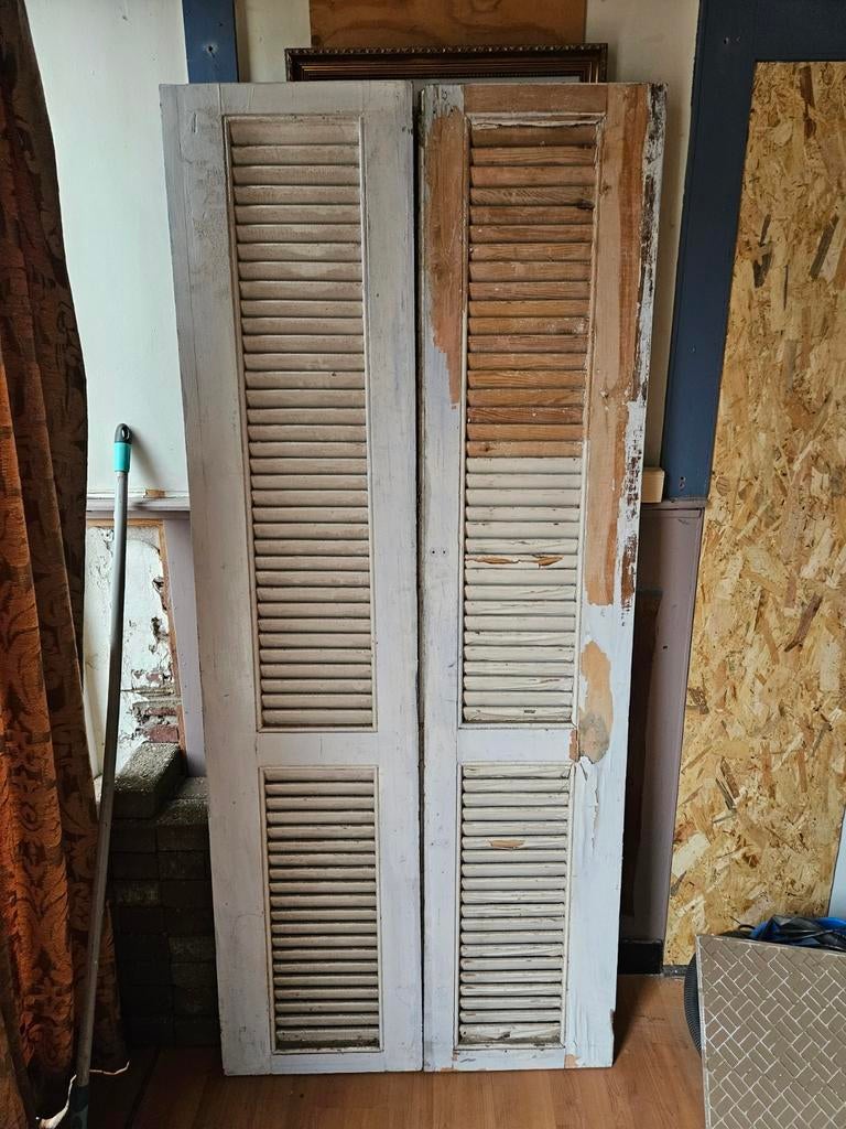 Set van 2 x2 authentieke Franse brocante louvre deuren, Doe-het-zelf en Verbouw, Deuren en Horren, Ophalen, Gebruikt, 80 tot 100 cm