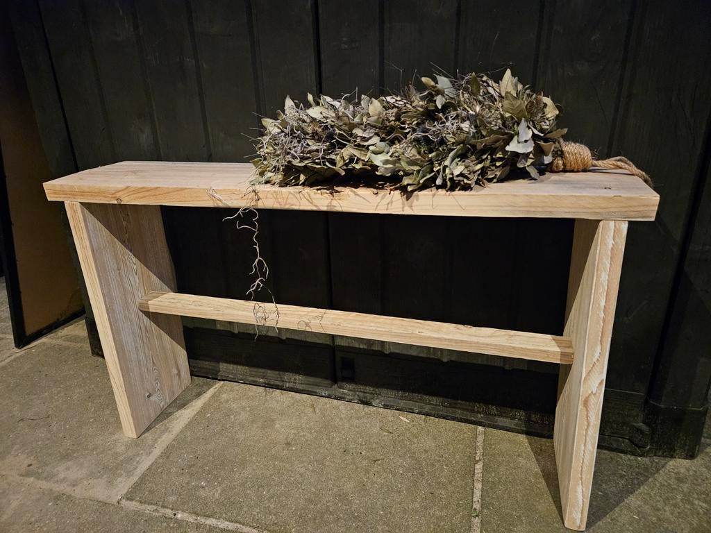 Steigerhouten bankje - bank - kruk - tafel - bijzettafel, Huis en Inrichting, Banken | Bankstellen, Nieuw, Rechte bank, Minder dan 150 cm