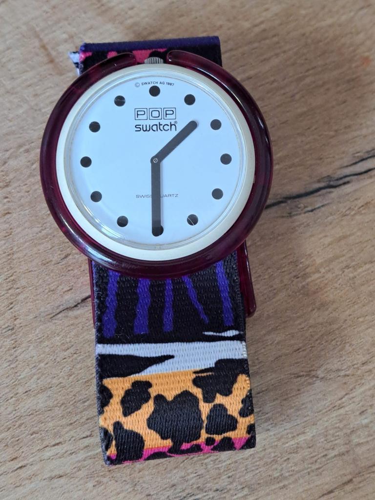 Vintage Pop Swatch Polshorloge uit 1987 - Uniek Design, Kunststof, Gebruikt, Polshorloge, Ophalen of Verzenden