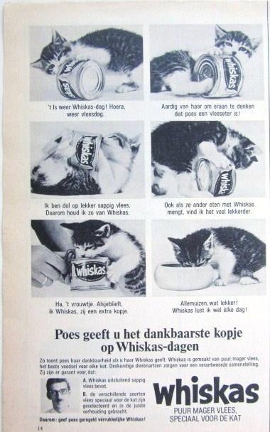 9 vintage advertenties reclames Whiskas kattenvoer 63-65 kat, Ophalen of Verzenden, Gebruikt, Overige typen