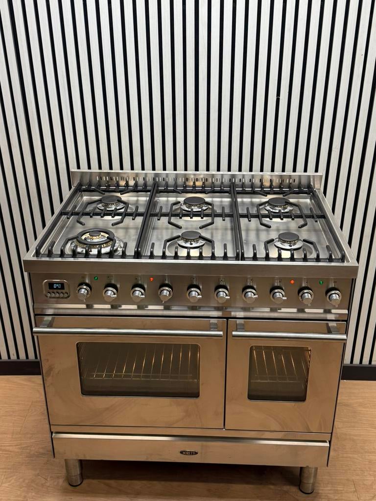 Luxe Boretti Fornuis 6 pits RVS dubbele oven 90 cm, Hete lucht, Fornello Esperta, Ophalen of Verzenden, Zo goed als nieuw