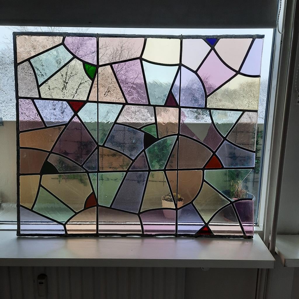 Oud glas in lood raam, beschadigd - 105x88cm, Ophalen, Gebruikt