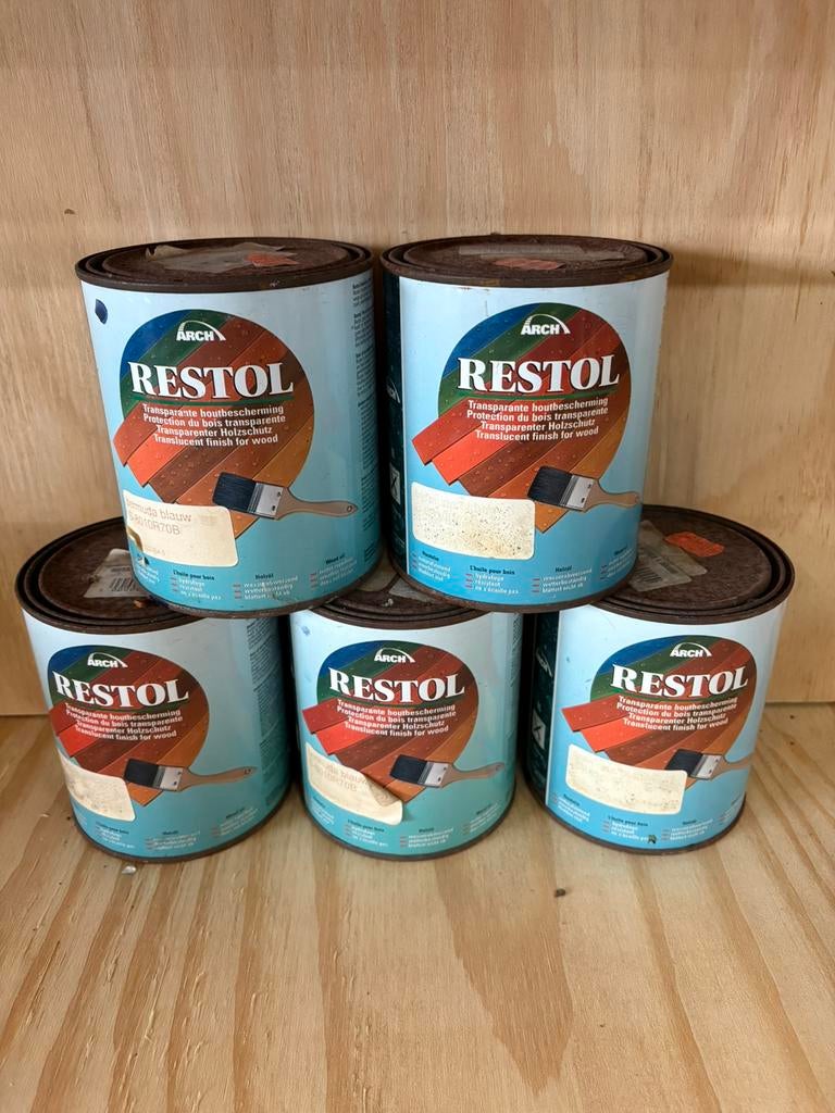5 x blik 1 liter Restol blauwe houtbescherming, Doe-het-zelf en Verbouw, Verf, Beits en Lak, 5 tot 10 liter, Ophalen of Verzenden