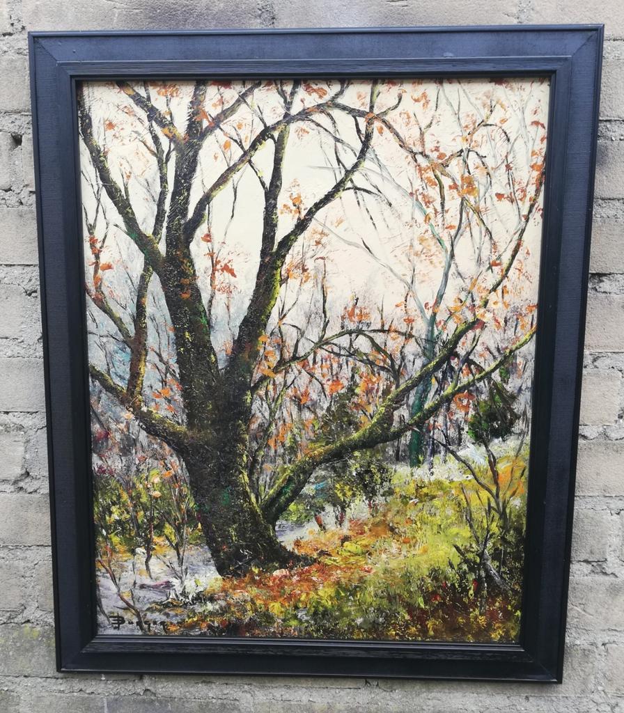 Joop Burger, Expres. Bosgezicht. Olie/paneel. 47/57 cm., Antiek en Kunst, Kunst | Schilderijen | Klassiek, Ophalen