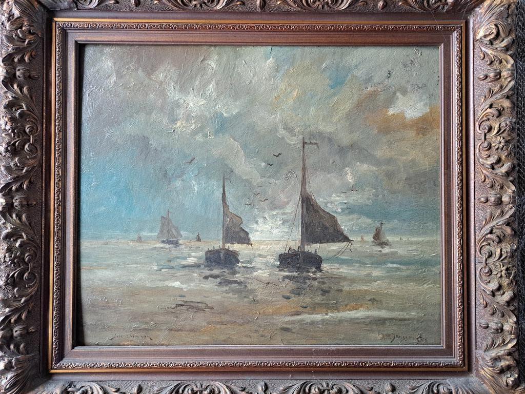 Oud schilderij: Schepen op zee, gesigneerd, Ophalen