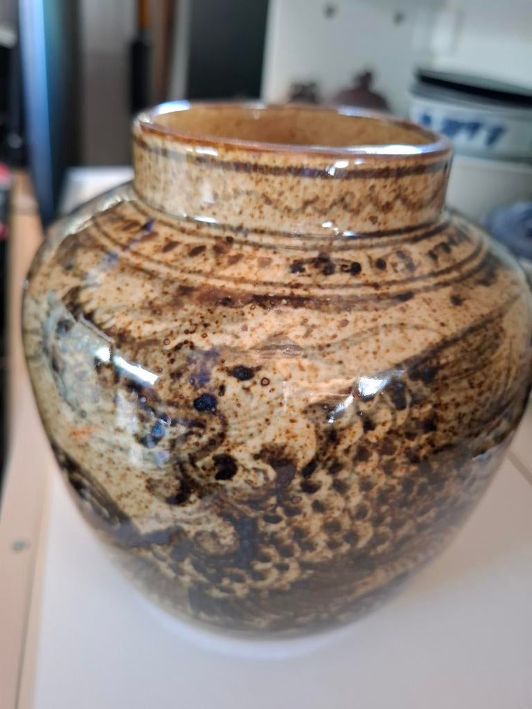 Aardewerken pot met bruine spikkels en patronen, Ophalen of Verzenden