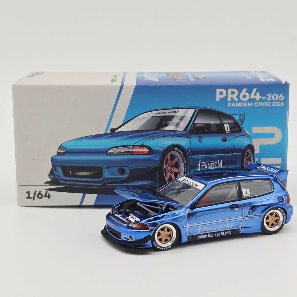 Pop Race Pandem Civic EG6, blauw chroom 1:64, Mymodelcar@outlook.com, Auto, Ophalen of Verzenden, Pop Race