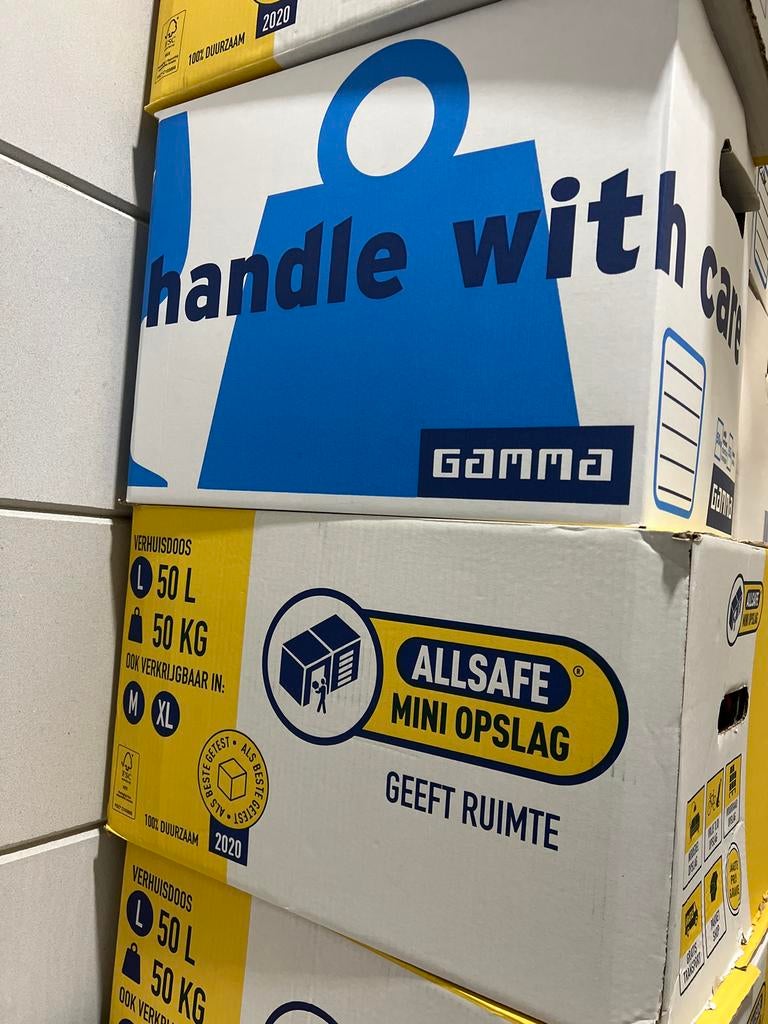30 verhuisdozen van Gamma, GBU en Allsafe, Ophalen, 40 tot 60 cm, 50 tot 75 cm, 35 tot 50 cm