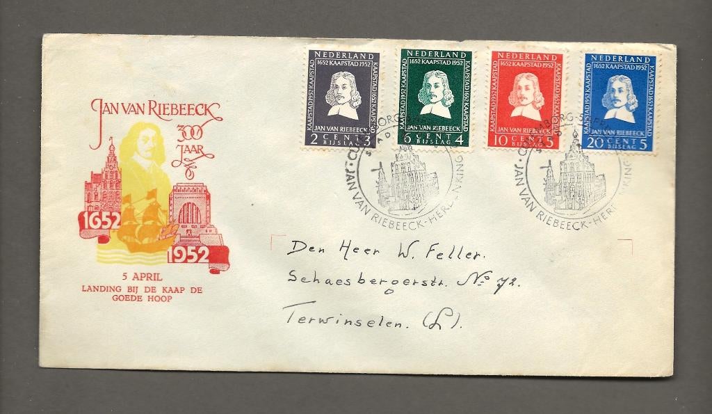 1952 van Riebeeck FDC E7 met gesloten klep rood logo, Postzegels en Munten, Postzegels | Eerstedagenveloppen, Verzenden, Beschreven