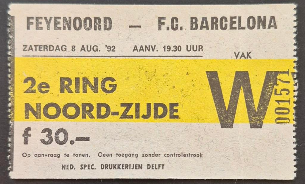 Toegangsbewijs Feyenoord - FC Barcelona in de Kuip, 1992, Ophalen of Verzenden, Zo goed als nieuw, Feyenoord, Overige typen