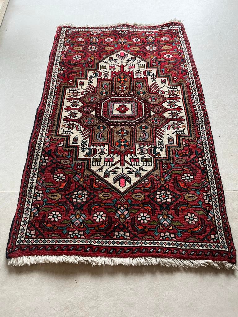 Vintage Perzisch tapijt – Hamadan stijl, Gebruikt, Rechthoekig, Rood, 50 tot 100 cm