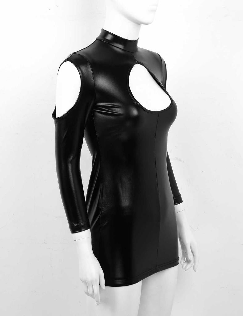 Zwarte kunstleren dames jurk / lak wetlook vrouwen jurkje, Maat 38/40 (M), Verzenden, Zwart, Nieuw