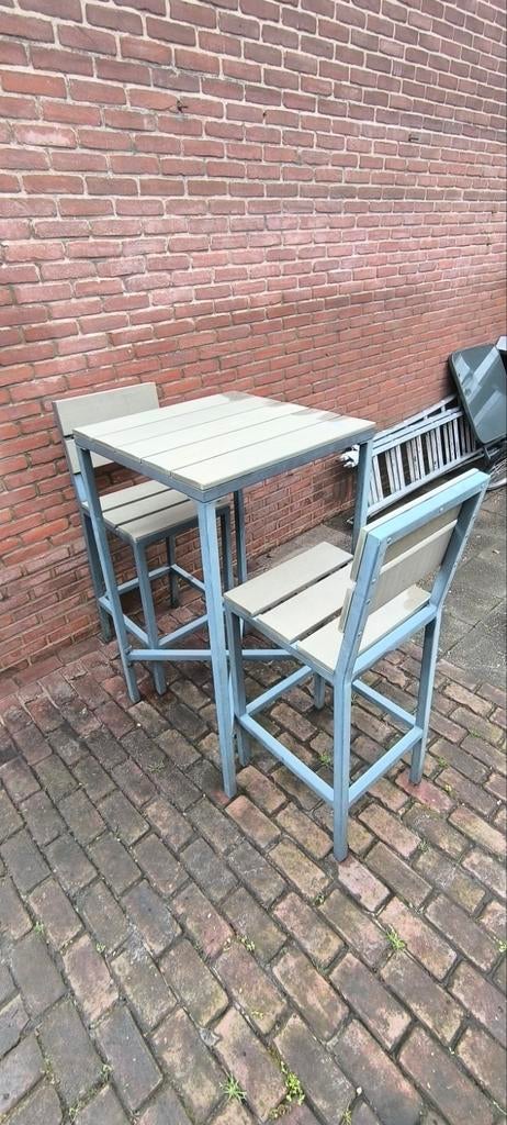 Hoge bistro tafel met 2 stoelen, Ophalen, Gebruikt, Rechthoekig, Aluminium