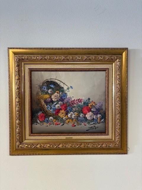 Schilderij : Gevlochten mand met kleurrijke bloemen, Ophalen