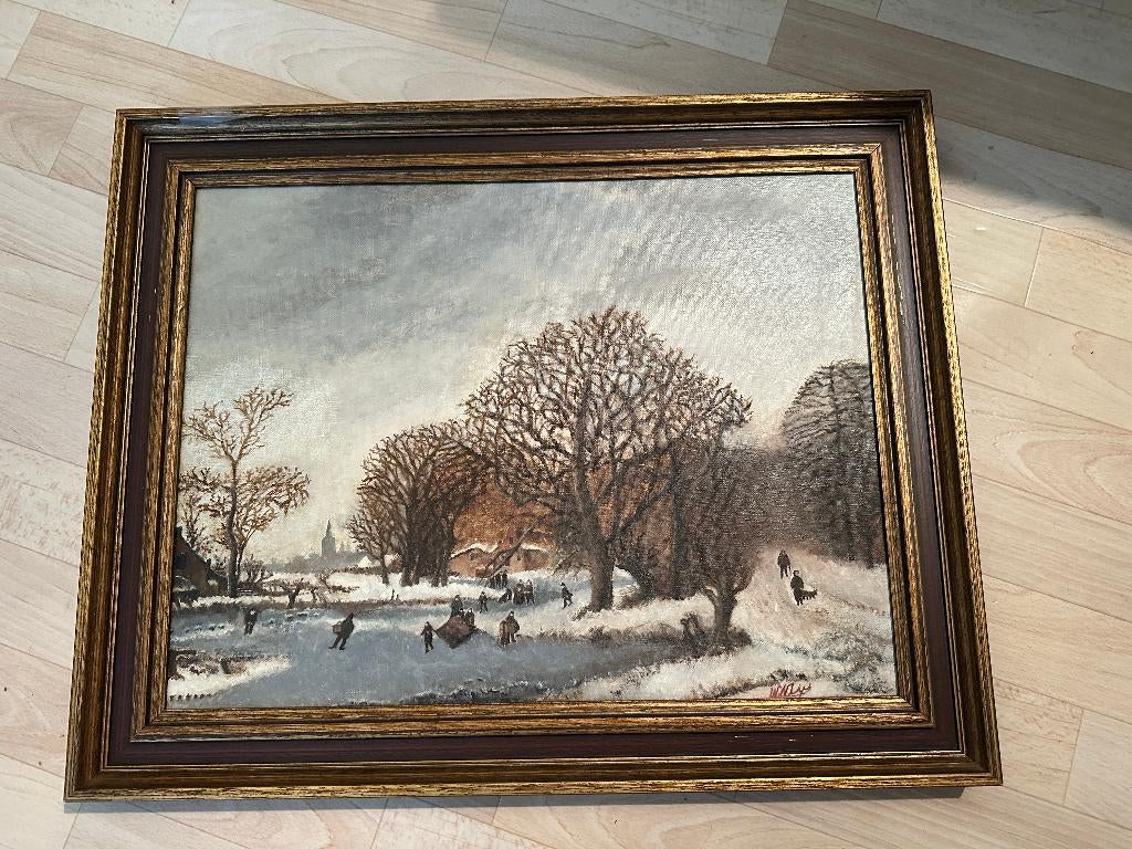 antiek olieverf schilderij winterlandschap, Antiek en Kunst, Kunst | Schilderijen | Klassiek, Ophalen of Verzenden