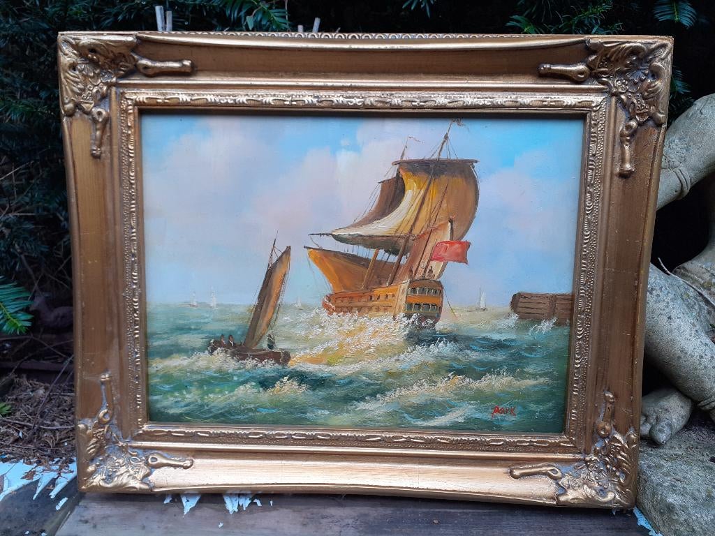 Olieverf op Paneel Schilderij in Sierlijst "Oorlogsschip", Ophalen of Verzenden