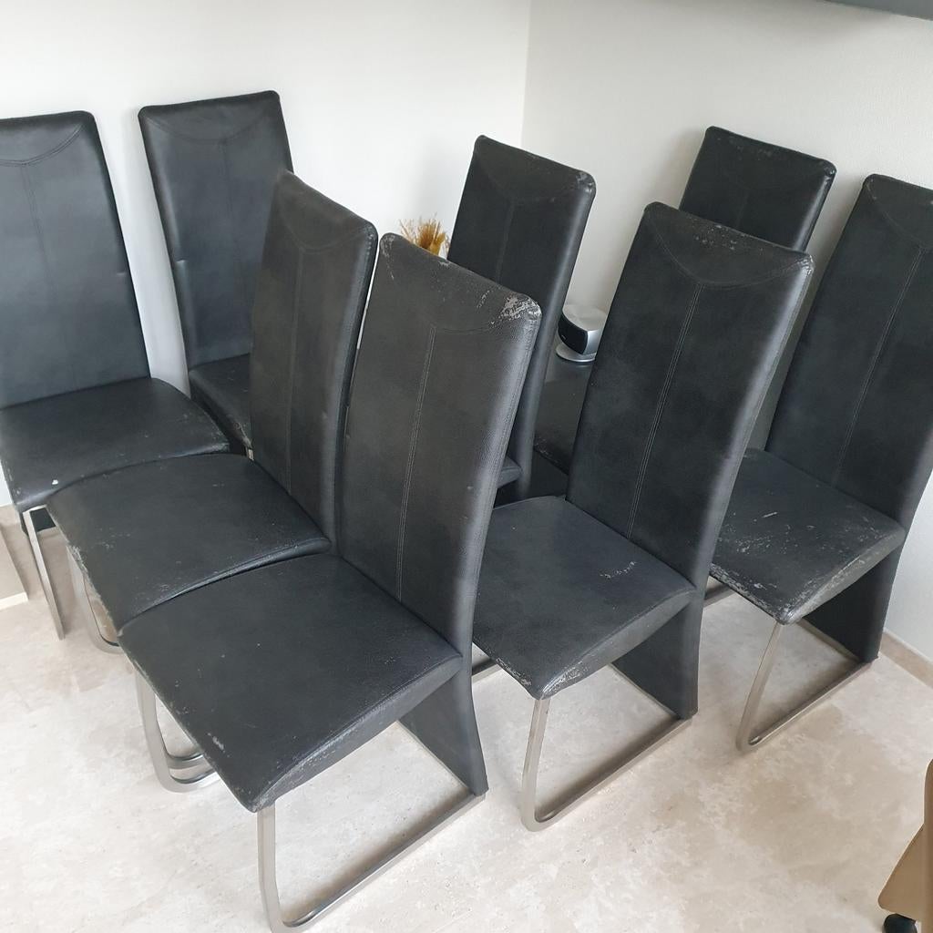 8 eetkamerstoelen kunstleer keet/clubhuis/mancave/klushuis, Ophalen, Kunststof, Gebruikt, Grijs