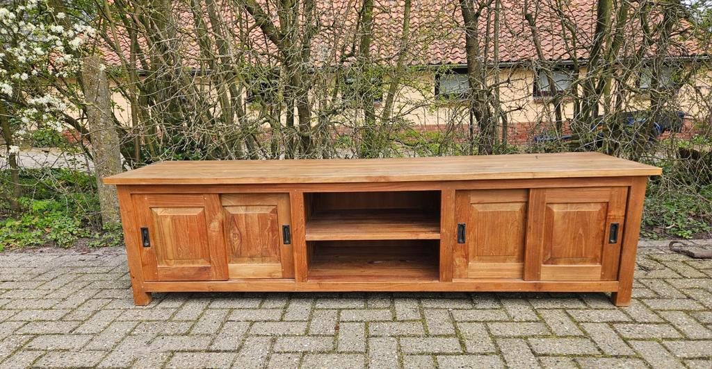 Teakhouten tv meubel 200x53x57, Huis en Inrichting, Kasten | Televisiemeubels, Ophalen, Gebruikt, 25 tot 50 cm, Minder dan 100 cm