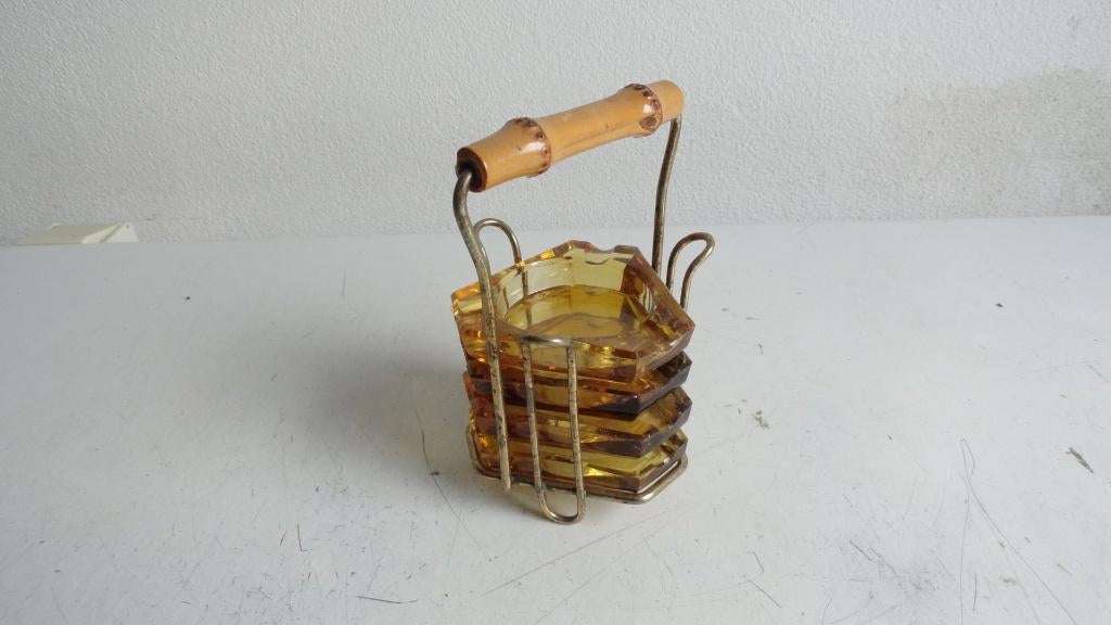 Italiaanse glas asbakjes, vier stuks in houdertje, antiek, Ophalen of Verzenden