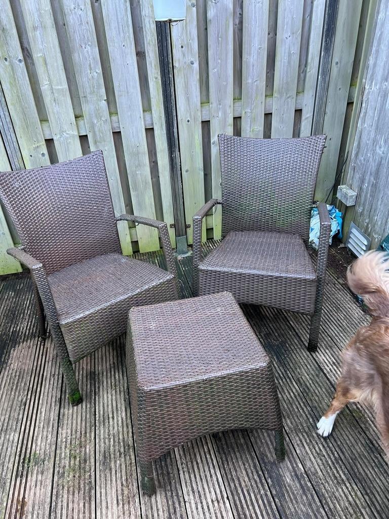 Wicker tuinstoelen met bijzettafel, Tuin en Terras, Tuinsets en Loungesets, Gebruikt, Bijzettafel, Wicker, Tuinset