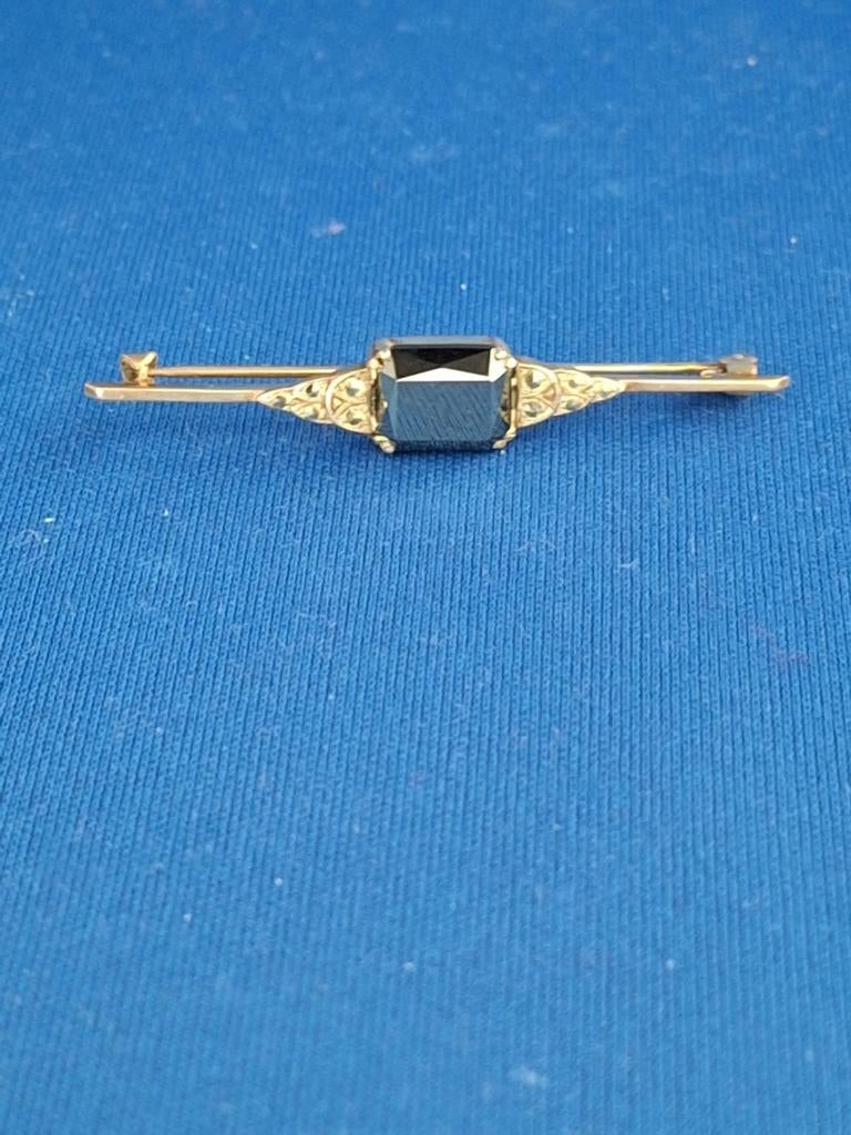 Antieke Art Deco Bar Broche met Zwarte Steen, Ophalen of Verzenden, Goud, Broche, Verguld