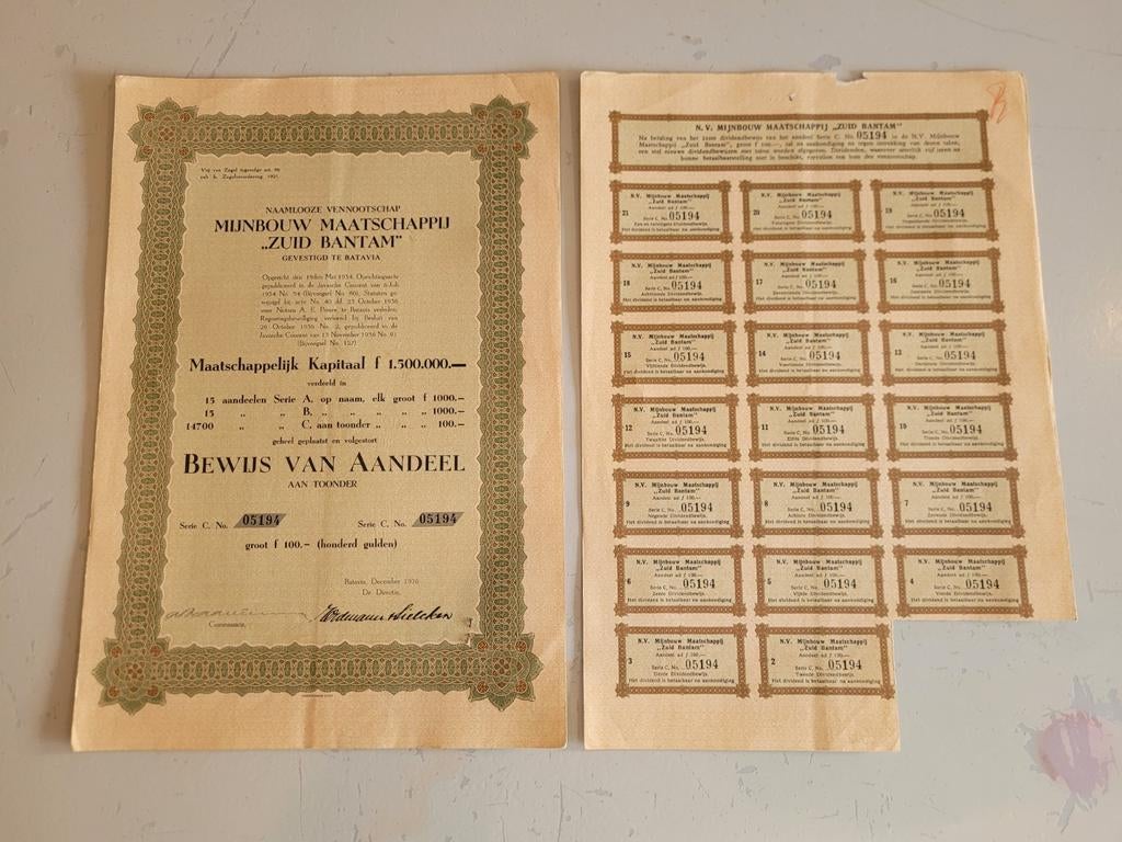 Aandeel maatschappij "Zuid Bantam" Batavia 1936, Ophalen of Verzenden, 1920 tot 1950, Aandeel