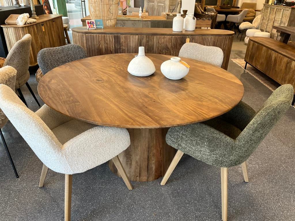 Magazijn leegverkoop ronde eettafel mangohout conische poot, Nieuw, Ophalen of Verzenden, Info@wkhome.nl, Argonweg 20 Amersfoort