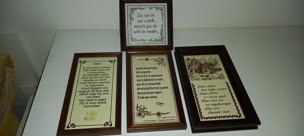 Vintage tegels met Spreuken - Set van 4 w.o. Toon Hermans, Antiek en Kunst, Ophalen of Verzenden